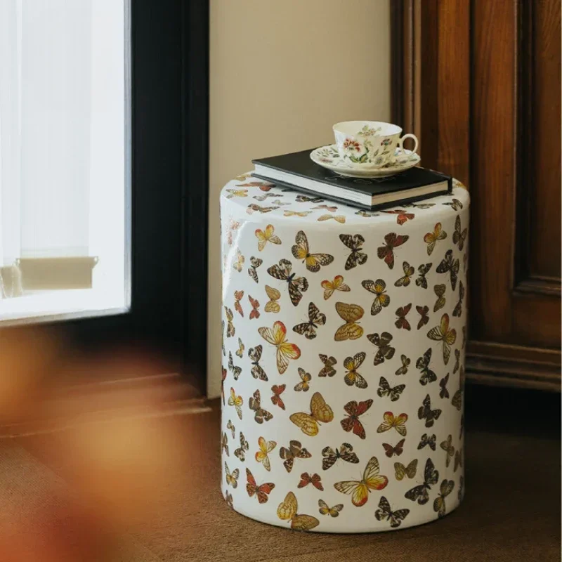 Gilded Butterfly Porcelain Stool, Ceramic Craft Retro Style, Dressing and Shoe Changing Footstool