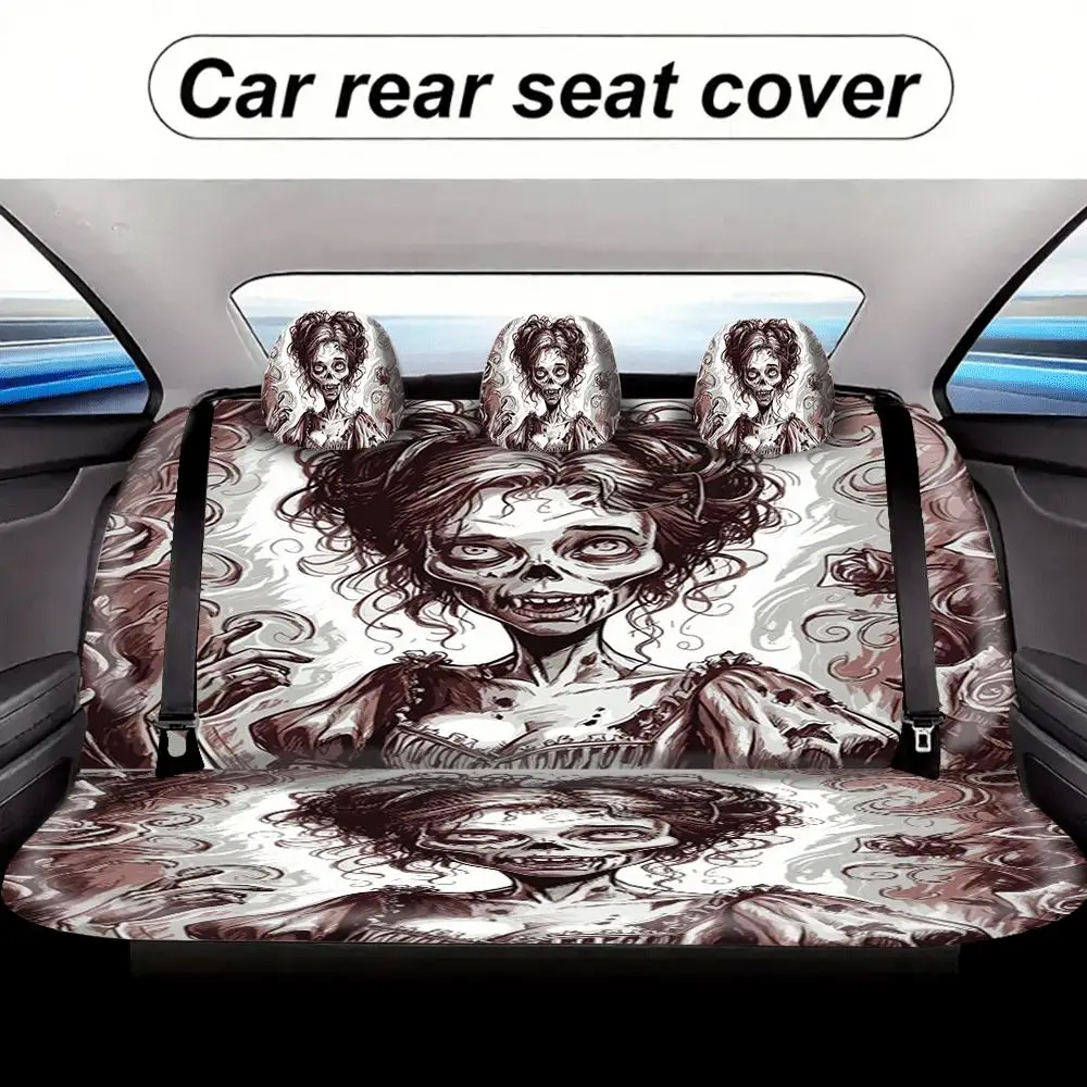 Trendy Print Car Seat Covers Full Set Fit Festive All Occasion Premium Zombie Lady Roses Design Comfortable Breathable Interior