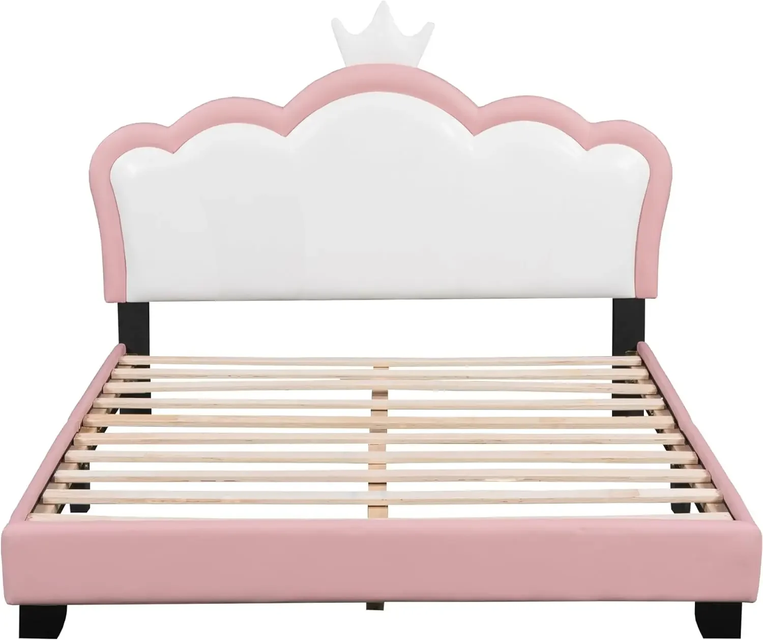

Full Size Princess Bed for Girls, PU Upholstered Full Platform Bed with Crown Headboard, Full Size Bed Frame for Kids No Box