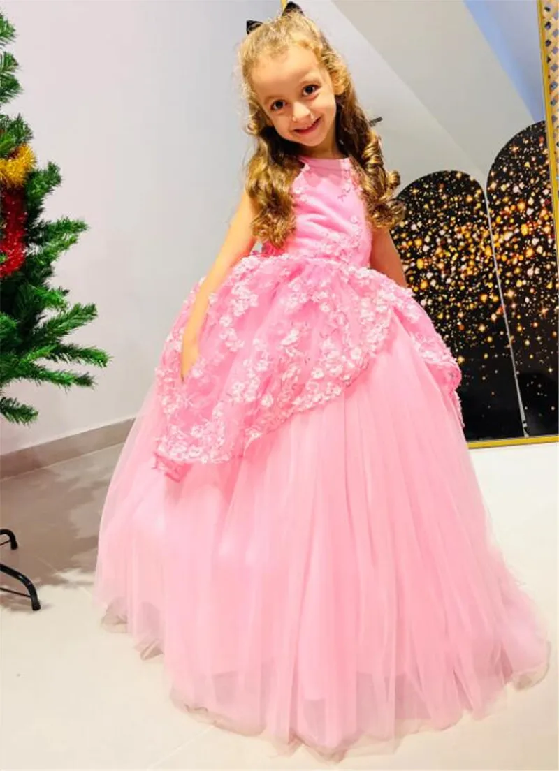 

Girls Pageant Dress Pink Tulle Lace Bridesmaid Prom Dress For Girls Children Princess Party Wedding Dress Kid Size1-14T