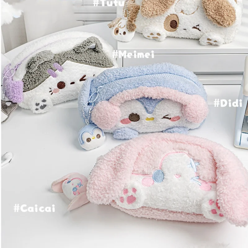 Sweet Cartoon Furry Pencil Case for Student Cute Animal Kitten Rabbit Style Pencil Pouch Large Capacity Stationery Organizer