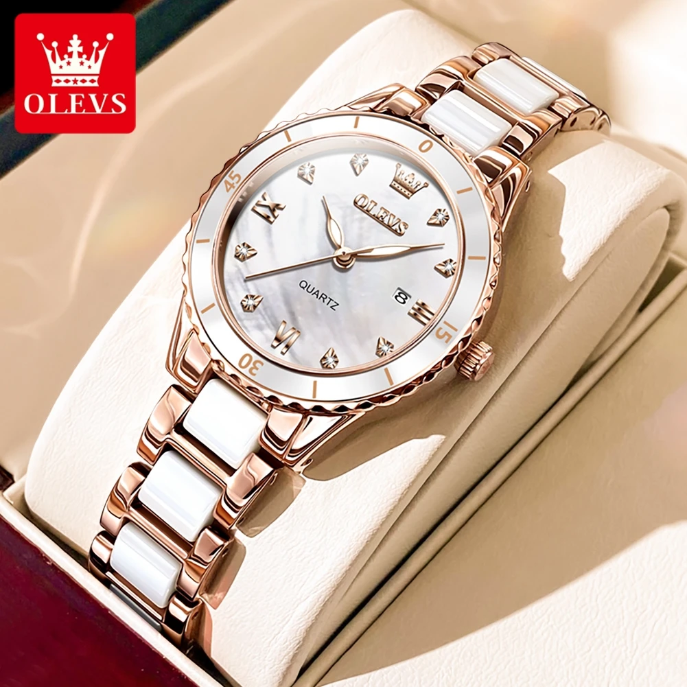 OLEVS-Reloj de cuarzo para Mujer, cronógrafo elegante de cerámica con diamantes de oro rosa, resistente al agua, marca de lujo, nuevo, 9985