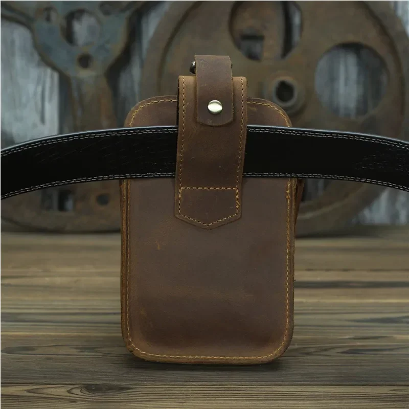 Men Genuine Leather Waist Packs Male Crazy Horse Leather Belt Bag for Cigarette Phone Pouch Case Men's Small Travel Waist Bag