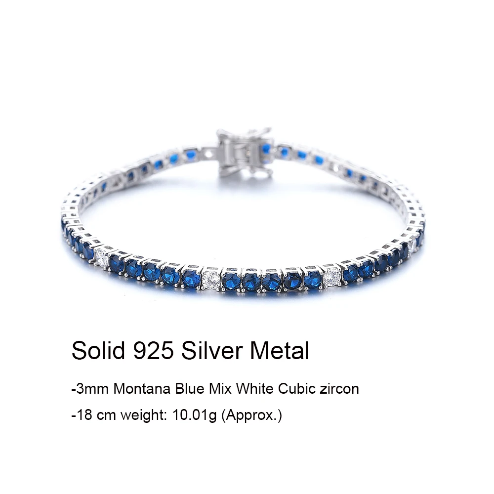 Real 925 Jewelry 16/17/18cm Chain Pave 3 mm Montana Dark Blue Sapphire Mix Clear Cubic Zircon Pure Silver Tennis Bracelet