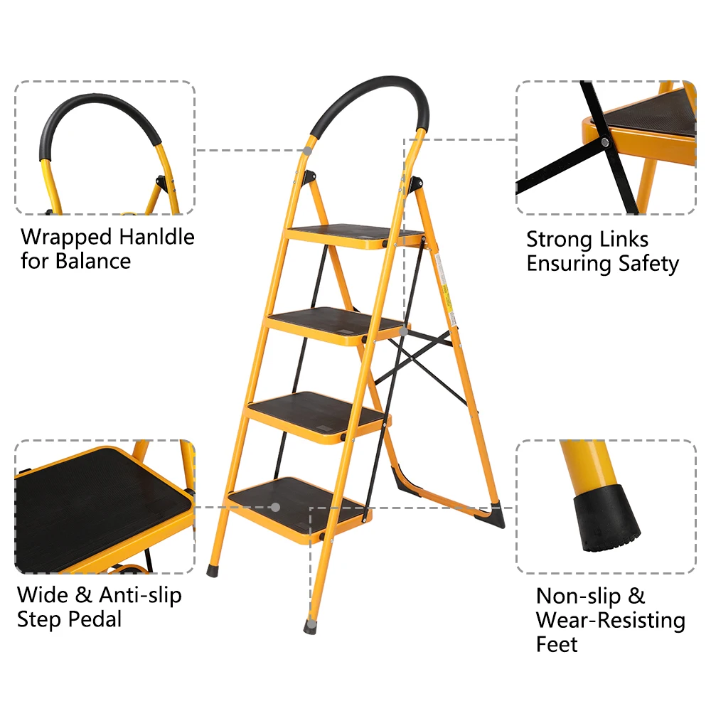 Taburete plegable ligero de 4 escalones con Pedal ancho resistente, pies antideslizantes resistentes al desgaste y empuñadura cómoda, 330 libras de capacidad