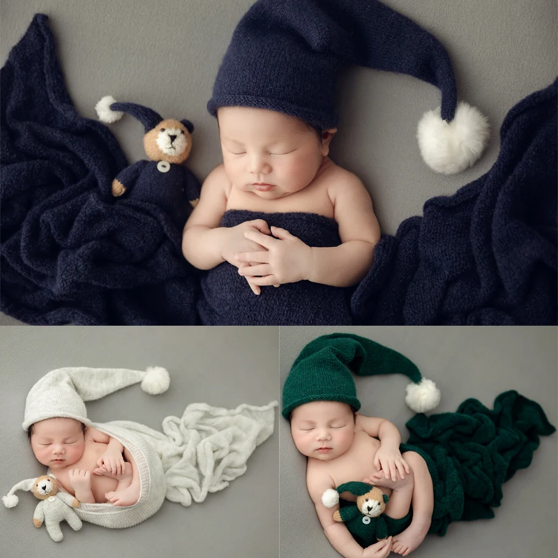 

Newborn Photography Props Knitted Wrap Bear Hat Doll 3pcs/set Studio Backdrop Blanket Baby Wraps Photo Shooting Accessories