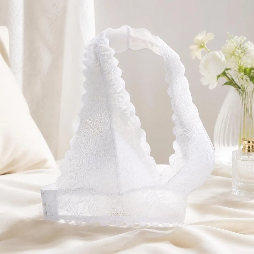 Vestenartiger Neckholder-BH mit Spitze, Push-Up-Effekt, transparentem Netzstoff, Schönheitsrücken, seitlicher Schnalle, unsichtbarer, drahtloser BH für den täglichen Gebrauch. – Detail 10