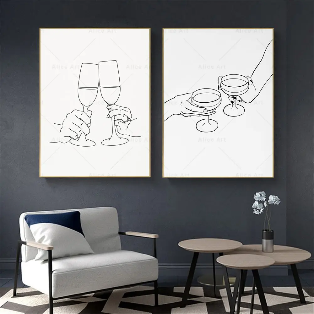 Abstract Cocktail Poster Alcoholic Drink Cheers Prints Minimalist Line Draw Wall Art Canvas Painting Pictures Kitchen Bar Decor