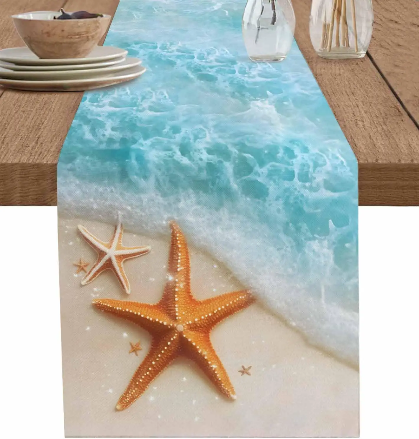 Beach Sea Wave Starfish Linen Table Runner Dresser Scarves Table Decor Washable Kitchen Dining Table Runner Holiday Party Decor