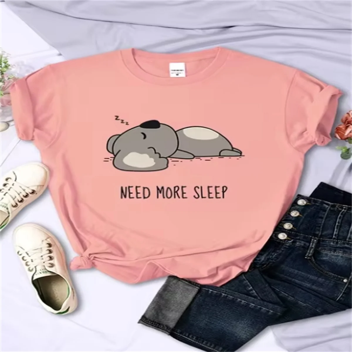 Summer Women's Short Sleeve Top Need More Sleep Cartoon Bear Ladies T-Shirt Street Everyday Casual Top Hip Hop Casual Clothing P