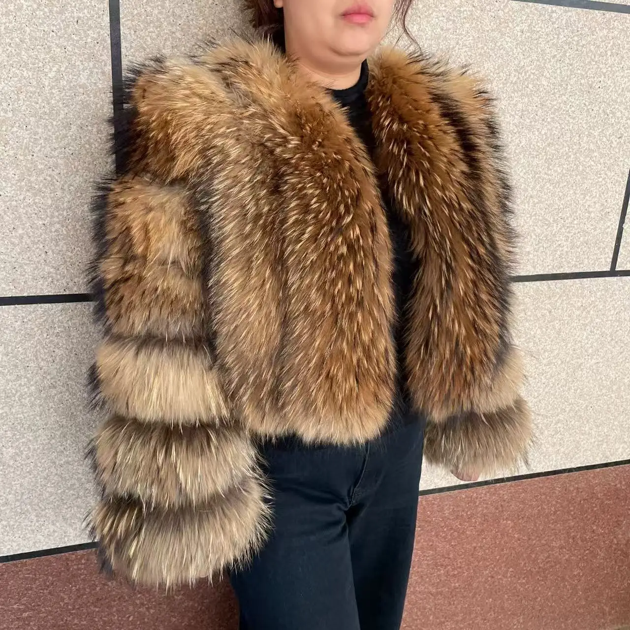 New Women's Raccoon Fur Coat Luxury Multiple Short and Hooded Natural Raccoon Fur Women's Jacket Winter