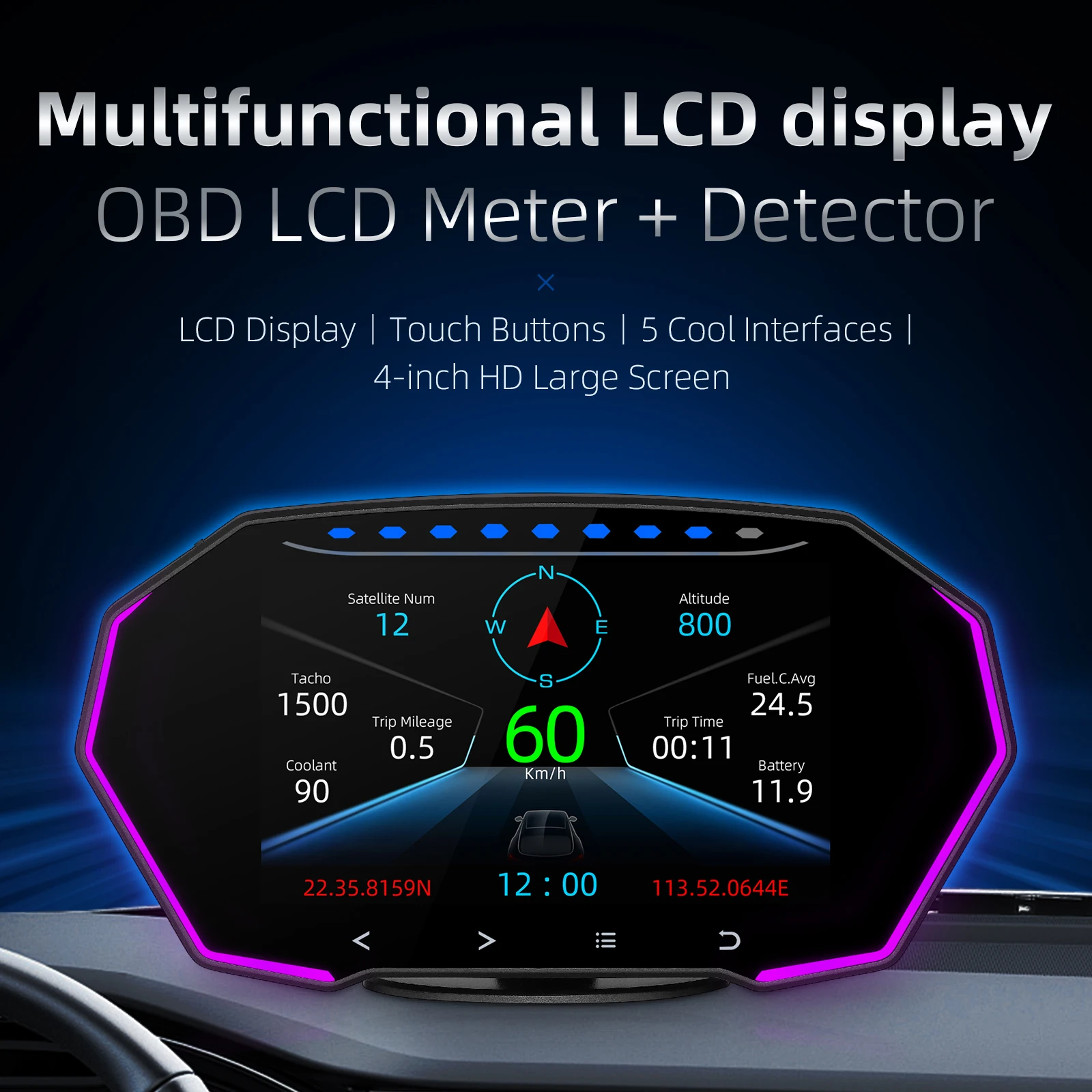 

F11 HUD OBD2 GPS 4Inch Head Up Display Windshield with Car Speedometer Security Alarm Water Oil temp Overspeed Diagnostic