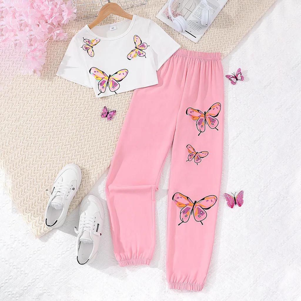 Teens 2 Pcs Set Kids Girl Clothes Graphic Top+Pant 8 9 10 11 12 Years Old Summer Fashion Casual Birthday Butterfly Children Suit