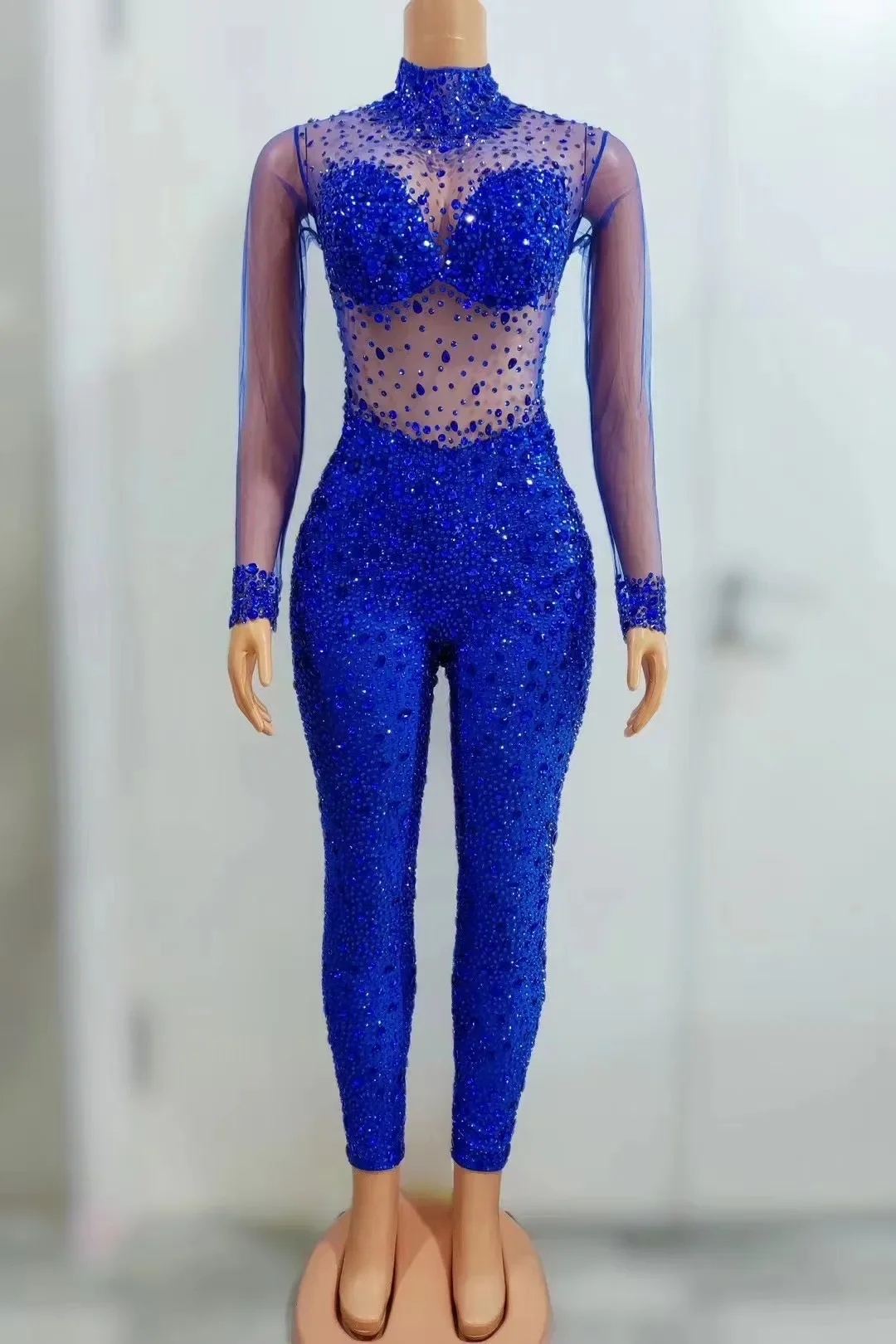 Sparkly Blue Rhinestones Skinny Jumpsuit Women Long Sleeve Tights Prom Party Rompers Concert Singer Dancer Photoshoot Jumpsuit