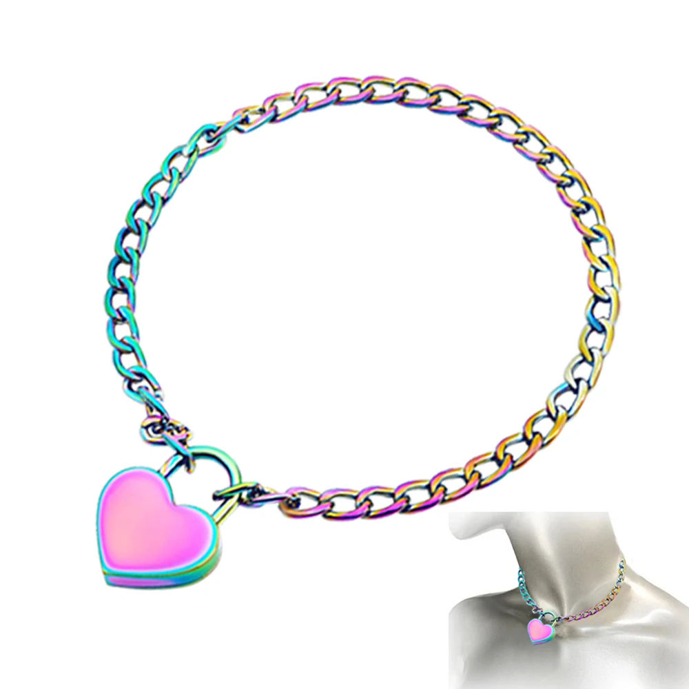 Rainbow Metal Slave Neck Collar Set Bondage Restraint Colorful Heavy Collar Lock Chain Leader Couple Game Sex Toy Male Female