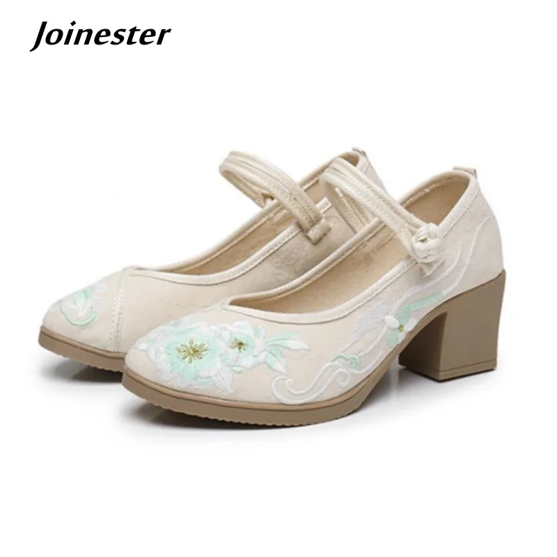 Ethnic Stylish Embroidered Fabric Dress Shoe Women Summer Ankle Strap Round Toe Chunky High Heel Mary Jane Pumps for Ladies