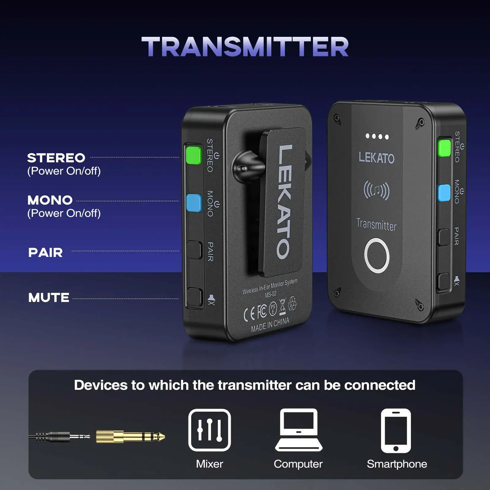 Lekato Ms-02 Sistema Iem sem fio - Monitores intra-auriculares estéreo de 2,4 GHz com transmissor/receptor de cinto - sincronização automática para uso ao vivo e em estúdio