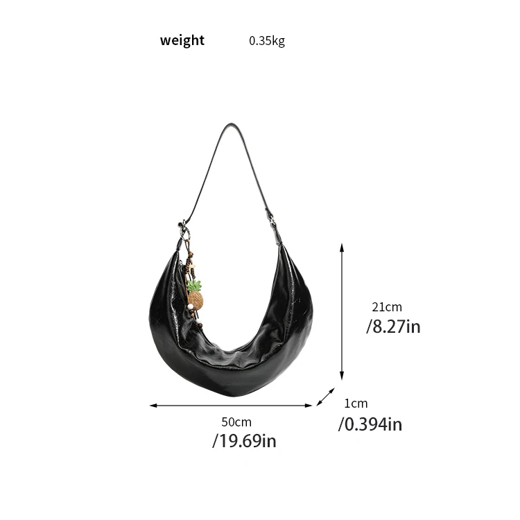 Back-to-school season college student waxed leather crescent tote bag, niche relaxed style pleated soft bag, European and American blogger's pineapple pendant shoulder bag, lazy style curved crescent shoulder bag, vintage shiny leather pleated soft street style horn bag, with pineapple pendant
