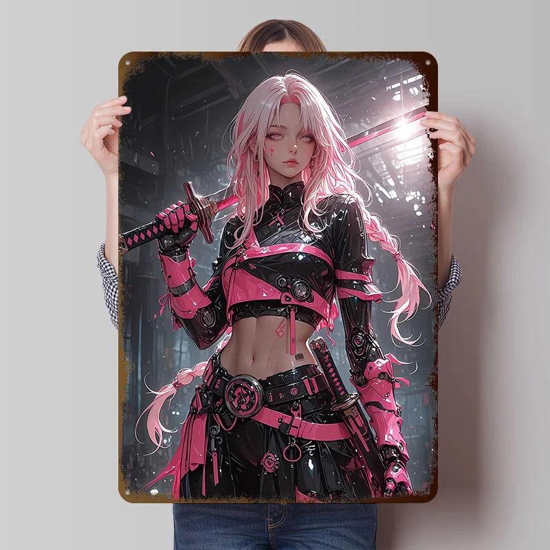 Cyberpunk Pink-Haired Warrior With Katana Metal Poster Customized Wall Art Retro Vintage Tinplate Signs for Man Cave Desk Decor