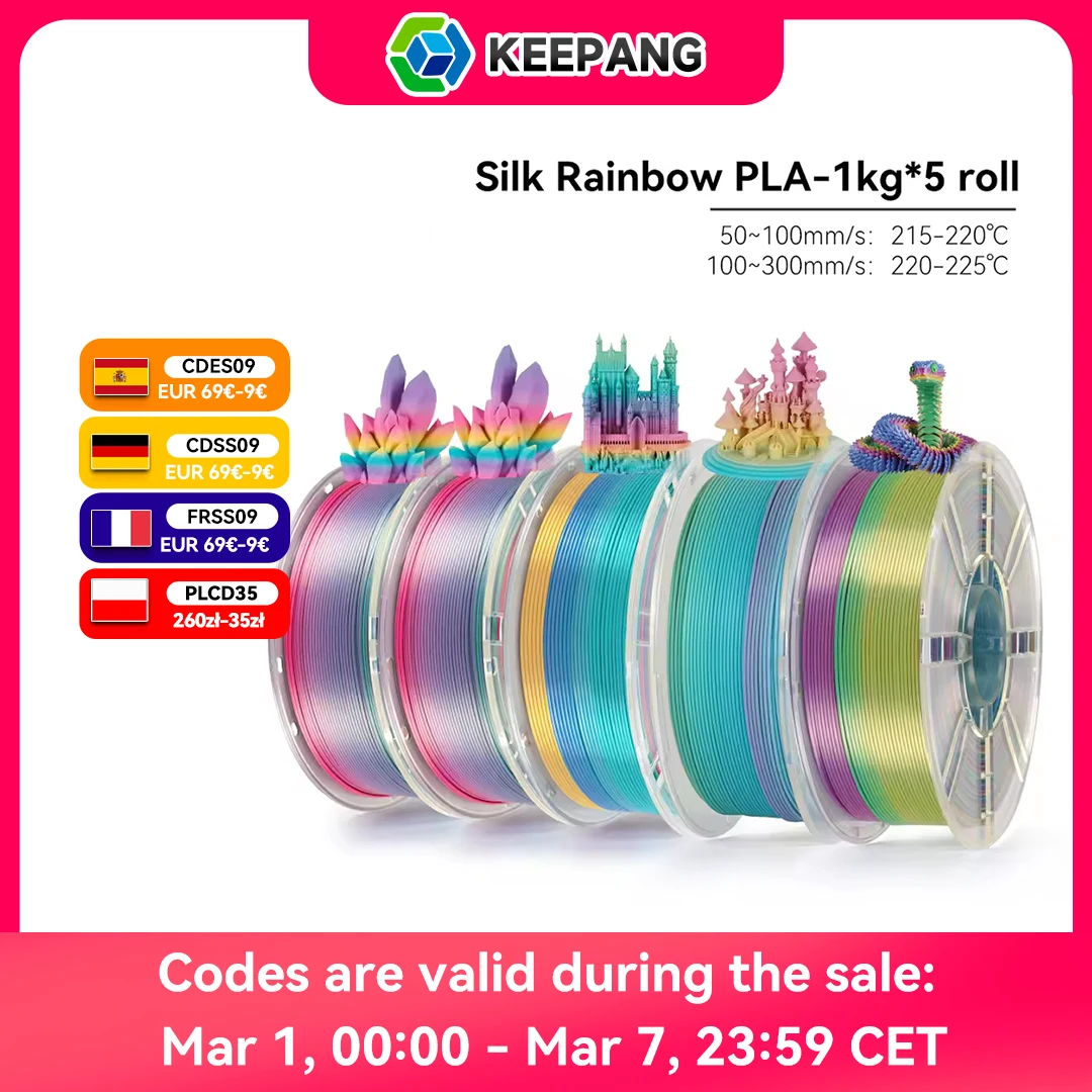 

KEEPANG PLA Rainbow 3D Filament 1.75mm 5kg Silk PLA Filament Multi-Color Fast Filament Plastic For 3D printer Materials Neatly