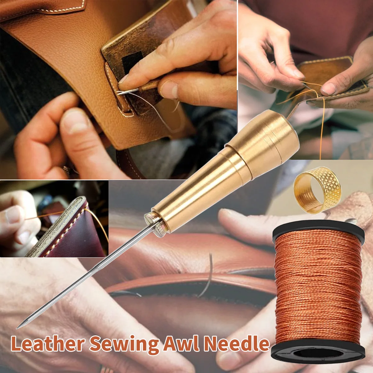 Leather Sewing Kit DIY Leather Sewing Awl Needle With Copper Handle Set Leather Canvas Tent Shoes Repairing Tool W/Nylon Thread