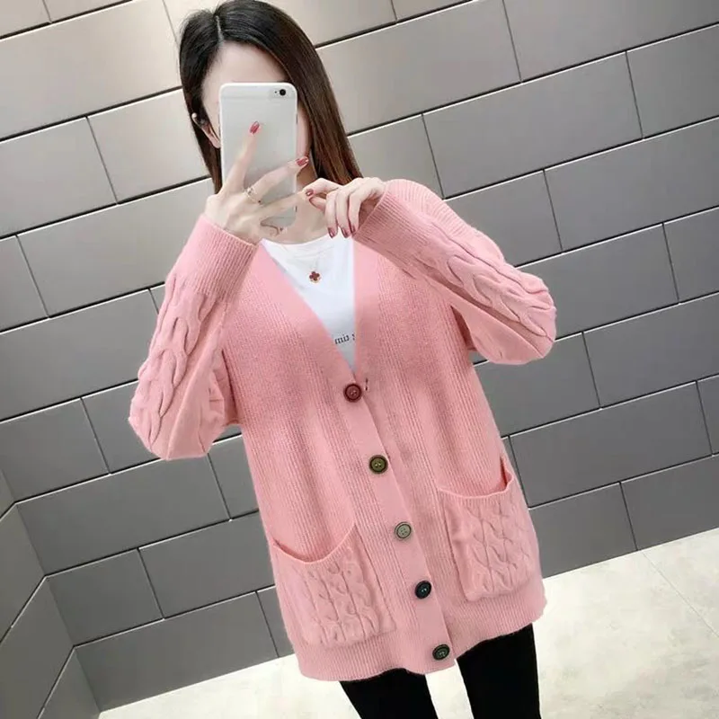 Fashion V-Neck Button Spliced Pockets Cardigan Sweaters Women\'s Clothing 2022 Autumn New Loose Korean Tops All-match Coat