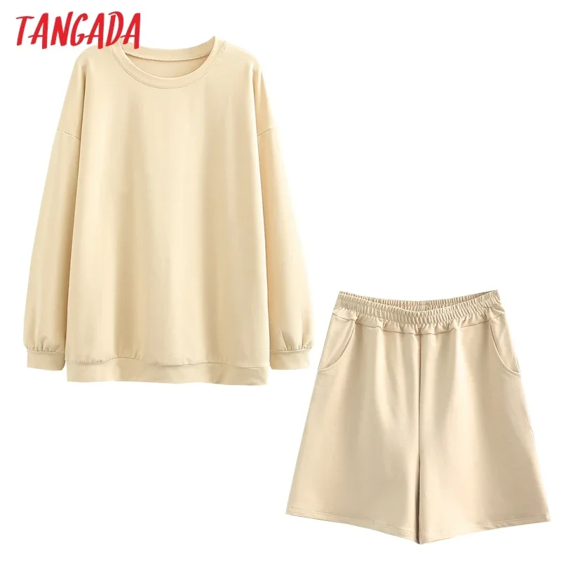 Tangada 2022 Summer Cotton Tracksuits Couple Solid Color Two Piece Set O-neck Sweatshirts and Shorts 6L30-1