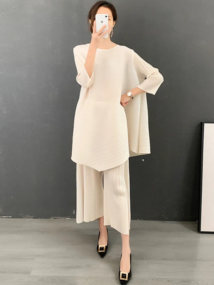 LANMREM Two Pieces Pleated Sets For Women 2024 Spring Long Loose Top With Wide Leg Pants Female Casual Sets 2M299