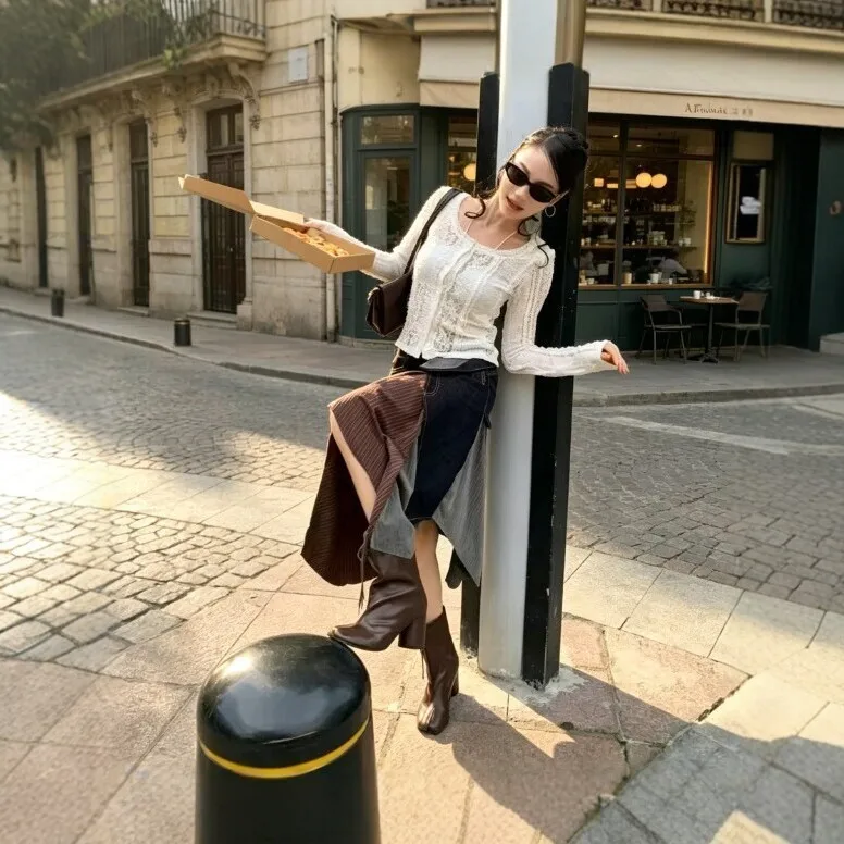 Striped Patchwork Skirt a Line Utility with Asymmetrical Hem Contrast Stitching No Stretch Regular Thickness Midi Women Skirt