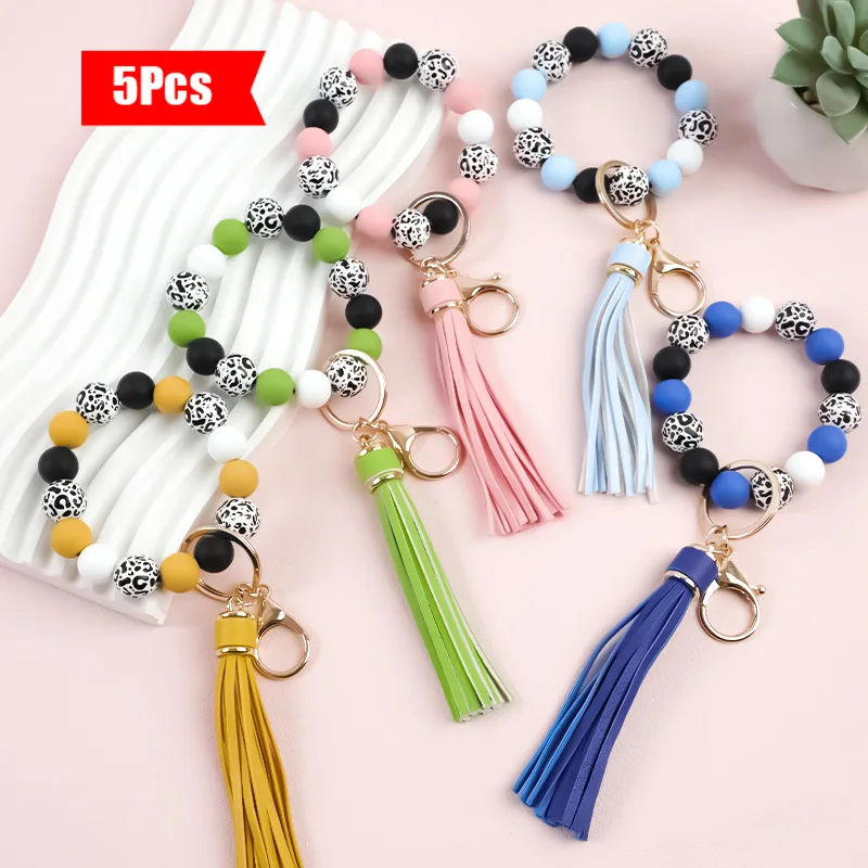 5Pcs/Set Bohemian Style Cowhide Printed Beaded Wristband Keychain, Colorful Silicone Bead Tassel Keyring, Cute Anti-Lost Women's Bracelet