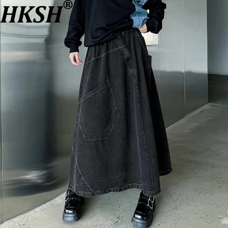 

HKSH Spring Autumn New Women Skirt Elastic Waisted Large Pocket Asymmetric Versatile A-line Vintage Y2K Ins Denim Skirts HK13895