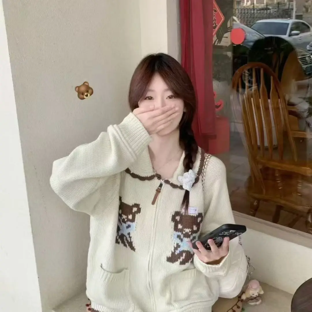 

Korea Version Lapel Retro Zipper Cartoon Sweater Jacket 2025 Autumn Winter New Style Loose Lazy Looking Cardigan Top