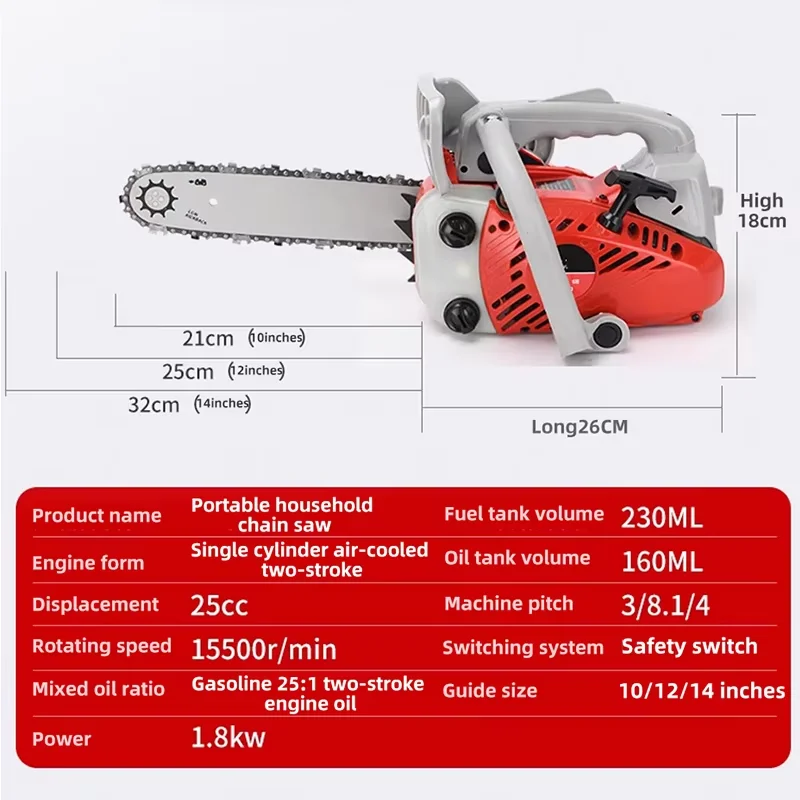 25CC 1800W 15500RPM Gasoline Logging Chainsaw Portable Single Handheld Saw Powerfull Mini Gasoline Saw Logging Chainsaw