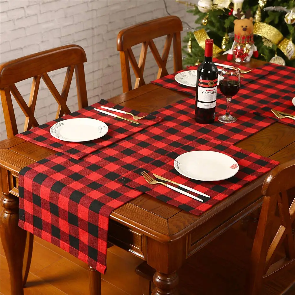 Christmas Buffalo Plaid Placemats Set of 6, Polyester and Burlap,Reversible Red and Black Buffalo Check Place Mats, Dining Table