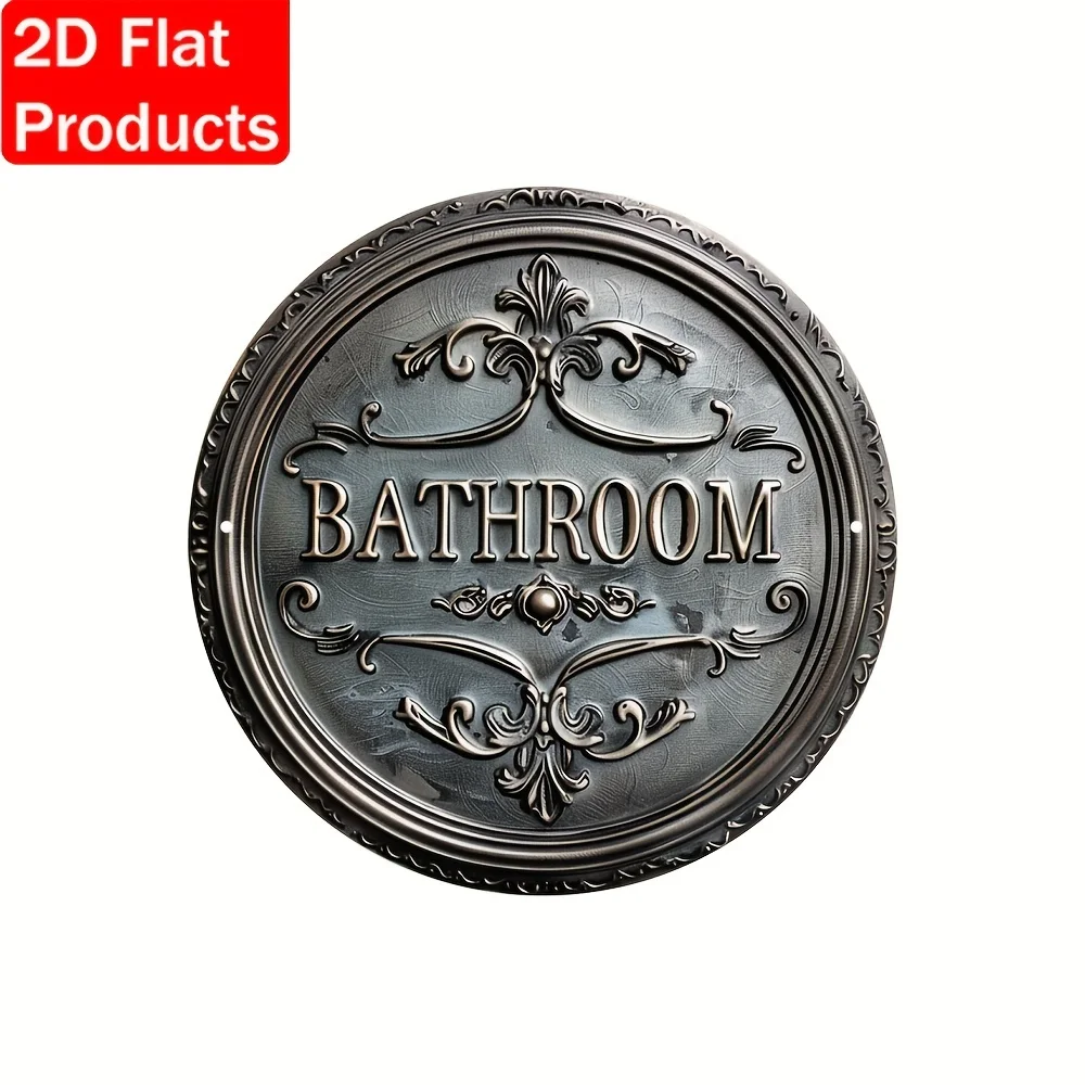 Vintage Style Bathroom Decorative Sign, 1 pc 2D Round Metal Plaque Classic Wall Hanging Design Multi-purpose Decoration for Door
