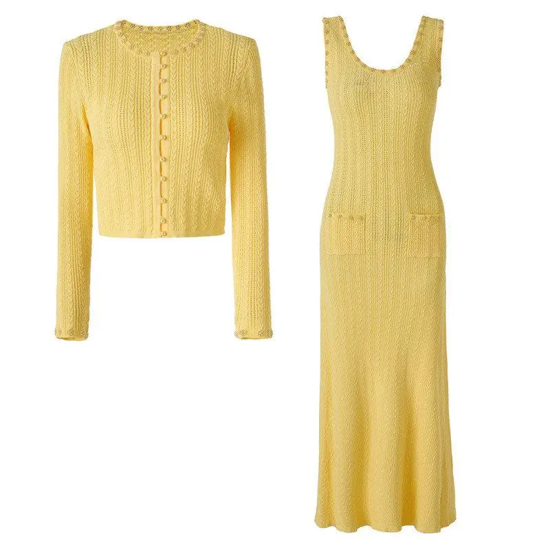 Fashionable Heavy-Duty Beaded Knitted Women's Top Coat Sleeveless Dress Set Short Length  Color Winter Autumn Universal