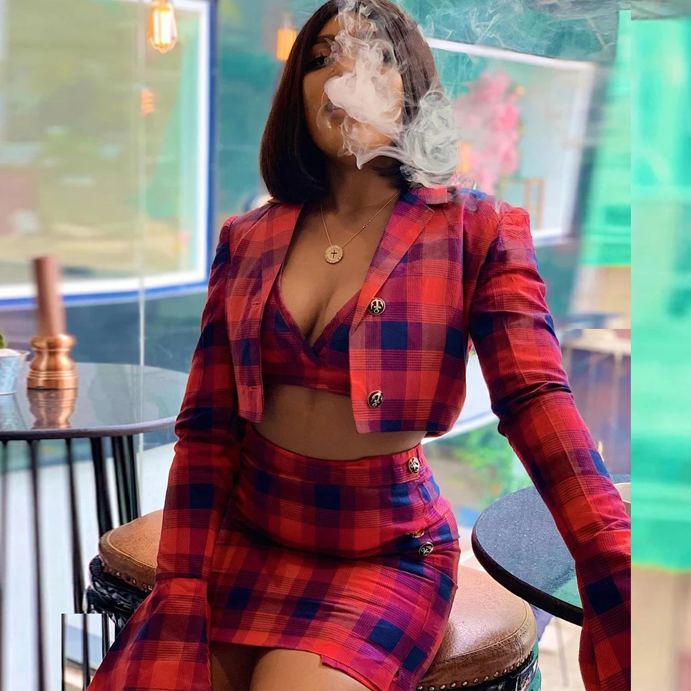 Vintage Women Plaid Tracksuit Y2K Clothes Sexy Deep V Neck Crop Top+flare Sleeve Short Jacket+party Club Mini Skirt 3 Piece Set