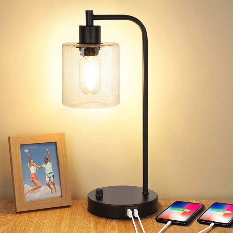 

Industrial Table Lamp With 2 USB Charging Ports Modern Nightstand Lamp Glass Shade Bedside Desk Lamp for Bedroom Living Room