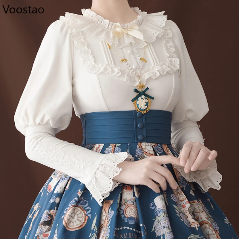 Victorian Vintage Elegant Lolita Blouse Japanese Women Sweet Lace Ruffles Gigot Sleeve Shirt Female Gothic Y2k Bows Slim Tops