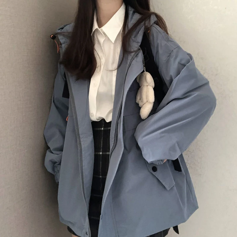 Women Solid Oversize Jacket Harajuku Korean Casual Loose Hooded Coats Spring Autumn Zip Preppy School Girls Vintage Streetwear