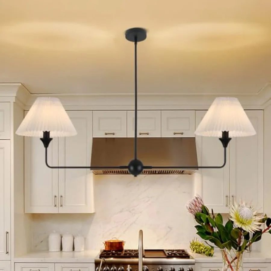

Modern Linear Chandelier 2-Light Linear Kitchen Island Lighting Fixture with Off-White Fabric Shade Black Dining Room Light Fix