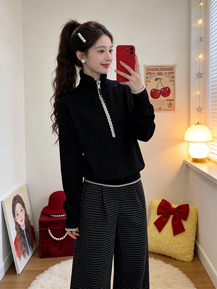 

Bla High Collar Loose Fit Knitted Sweater for Women Casual Sle f Zipper Design Spring Autumn New Arrival Anti Aging