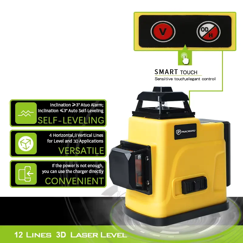 Pracmanu 12 Lines Laser Level 3D Level 360 Degree Self-Leveling Control with One Powerful Battery