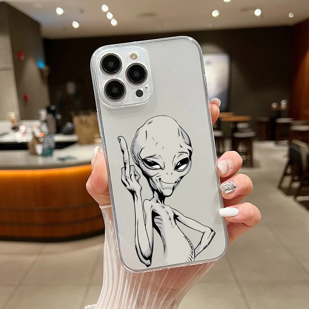 Funny Aesthetics Cartoon Alien Space Phone Case For iPhone 15 14 13 12 11 Mini Pro Max X XR 7 8 Plus Transparent Cover