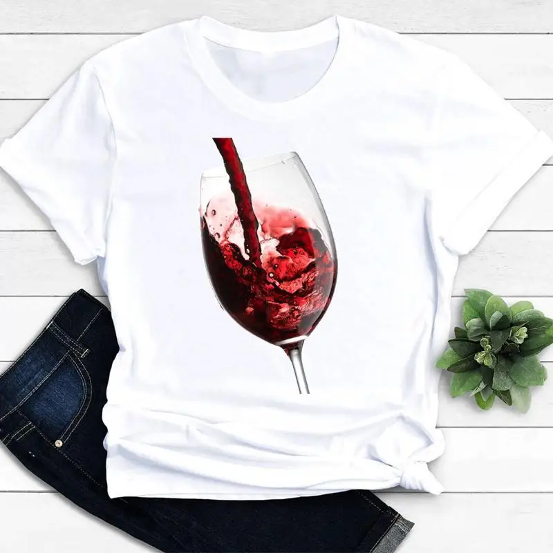 New Women's Color Wine Glass Women's Print A Generation of Hair Base Shirt Trend Aesthetic Tops Graphic T Shirts Vintage Tee