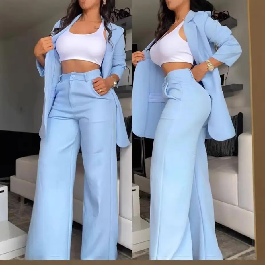 

Elegant Pure Color Split Sleeve Tailored Suit Straight Leg Pants Set for Women Fashionable Casual Wear for Teens