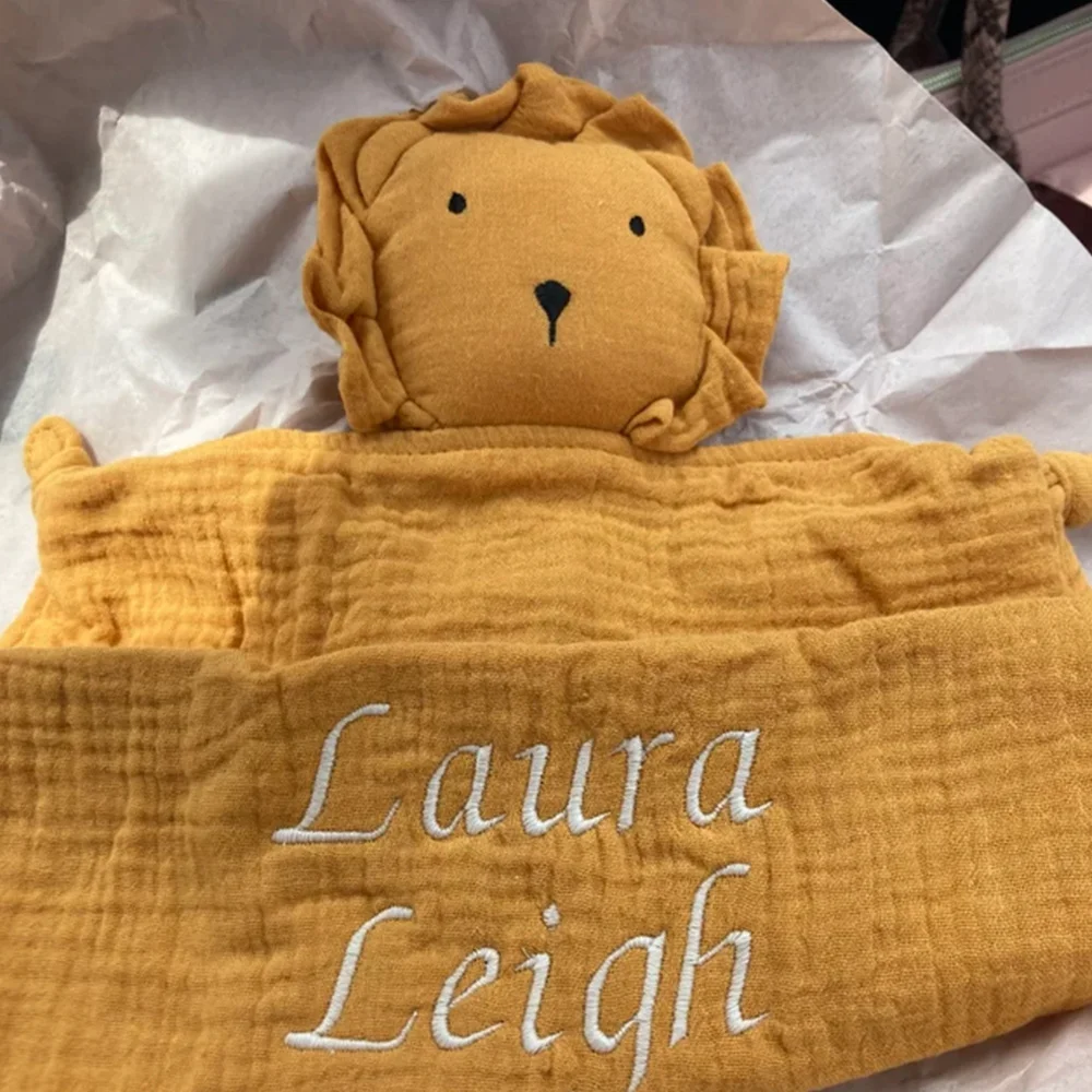 Baby Soft Comforting Towel Personalized Embroidered Name Cotton Baby Sleeping Doll Lion Comforting Handkerchief Baby Shower Gift