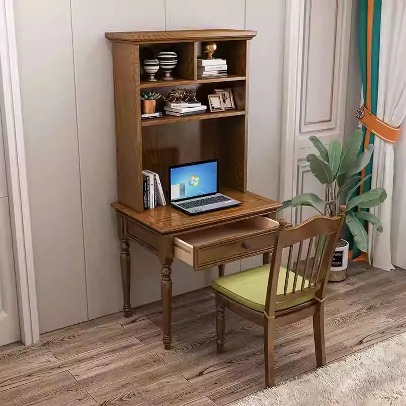 Solid wood student writing desk bookshelf combination small apartment ash wood study table