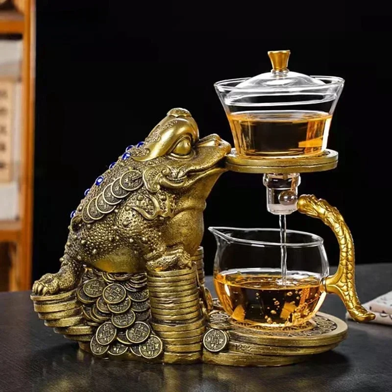 Creative Tea Toad Shape Teapot Automatic Tea Maker Pu\'er Oolong Teapot And Cup Set Heat-resistant Glass Teapot Holder Base