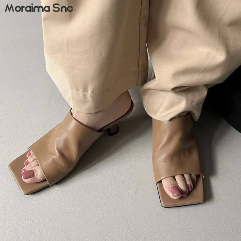 

Sheepskin Square Head Mule Slippers Open Toe Kitten Heel Sandals Summer Solid Color Soft Leather Outer Wear Fashion Women's Shoe